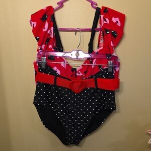 Unique Vintage Red Top w/Black Cat & Pink Heart Print Bikini, Emily the Strange